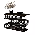 Modern Spiral Metal Side Table With Light Brown Top Black Vase Dried Plants Silver Bowl