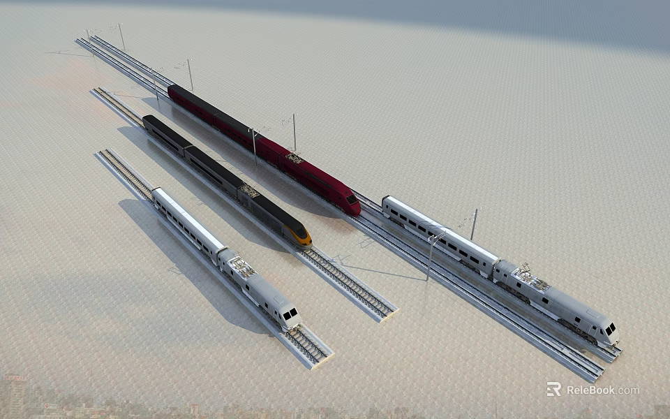 Modern High Speed Trains In Different Colors On Railway Tracks 3d model 