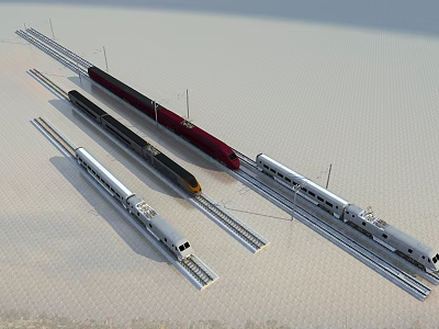 Modern High Speed Trains In Different Colors On Railway Tracks 3d model