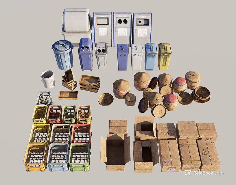 Various Types of Storage Containers Trash Bins and Cardboard Boxes for Organization 3d model 