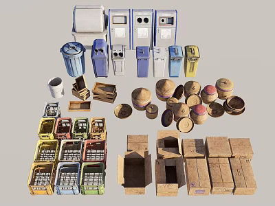 Various Types of Storage Containers Trash Bins and Cardboard Boxes for Organization 3d model
