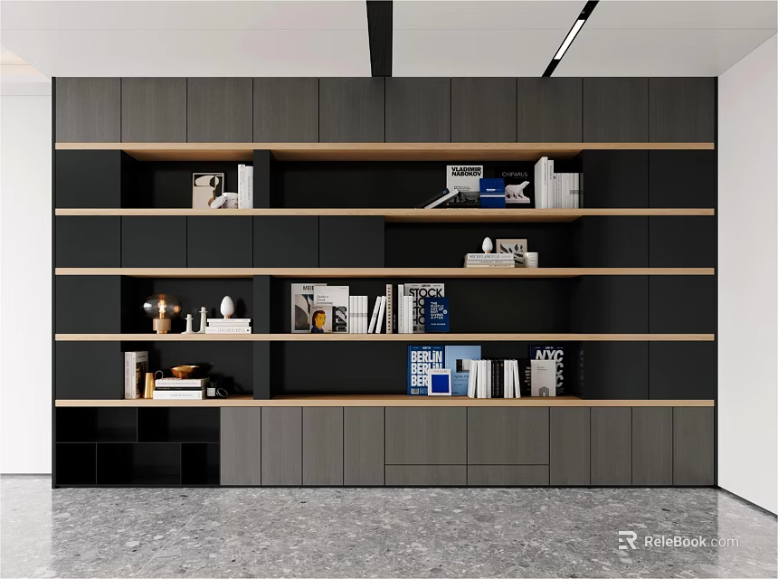 Modern Bookcase With Gray And Wooden Shelves Holding Books And Decorative Items 3d model 