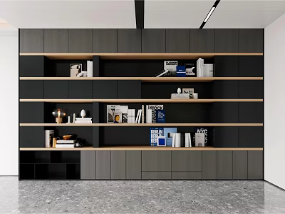 Modern Bookcase With Gray And Wooden Shelves Holding Books And Decorative Items 3d model