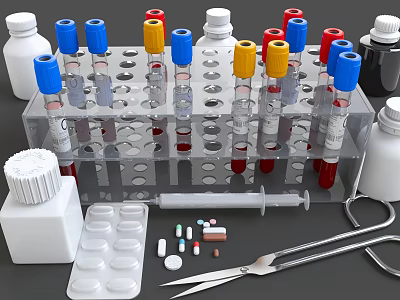 Essential Medical Laboratory Supplies With Test Tubes Rack Bottles Pills Syringe And Scissors 3d model