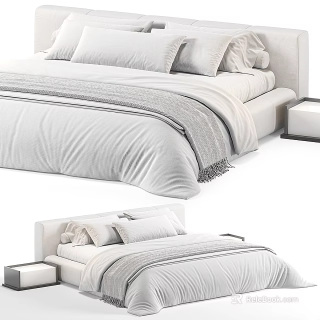 Modern Upholstered Double Bed With Soft Pillows Quilt And Minimalist Wooden Nightstand 3d model 