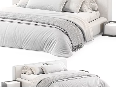 Modern Upholstered Double Bed With Soft Pillows Quilt And Minimalist Wooden Nightstand 3d model