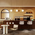Warm Milk Tea Shop Interior With Walnut Counter Hanging Lights Display Case And Round Table
