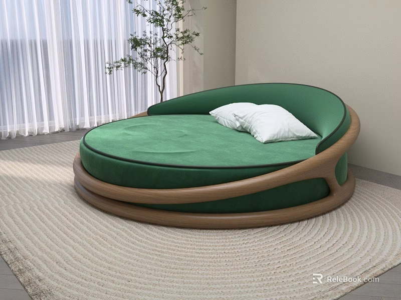 Soft Green Round Double Bed With Wooden Frame White Pillows And Indoor Plant 3d model 