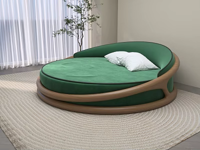 Soft Green Round Double Bed With Wooden Frame White Pillows And Indoor Plant 3d model