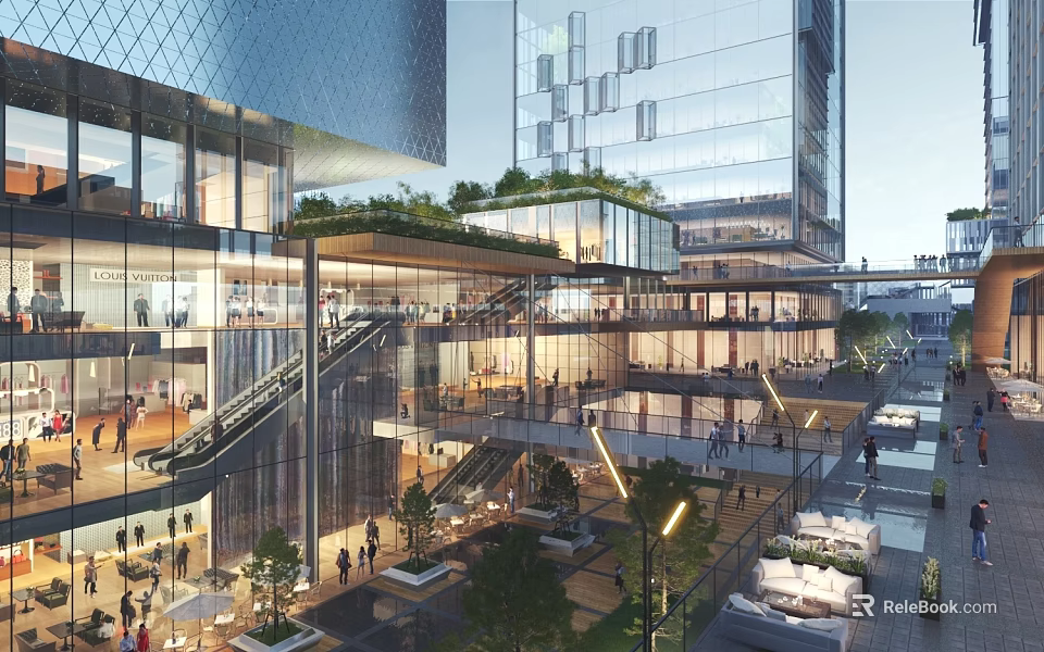Modern Commercial Street with Glass Buildings Rooftop Greenery and Pedestrians in Open Spaces 3d model 
