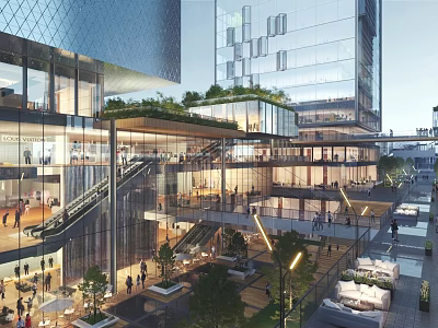 Modern Commercial Street with Glass Buildings Rooftop Greenery and Pedestrians in Open Spaces 3d model