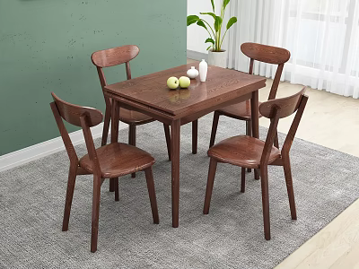 Modern Wooden Dining Table Set With Four Chairs Apples Vase On Gray Rug Green Wall 3d model