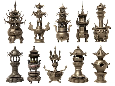 Ancient Chinese Bronze Decorative Pieces With Various Traditional Styles And Intricate Carvings For Home Decor 3d model