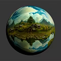 Cartoon Scenery With Rolling Mountains Green Trees Small Houses Stone Path And Colorful Flowers