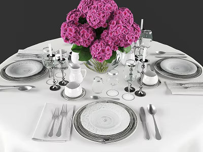 Elegant Dinnerware Set on Round Table with Purple Flower Bouquet and Wine Glasses 3d model