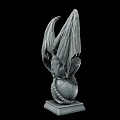 Detailed Winged Demon Sculpture Carving Crouching On Sphere With Pedestal Base