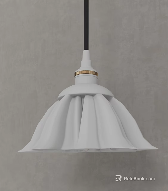 Modern White Pleated Pendant Light with Golden Decorative Ring and Gray Background 3d model 
