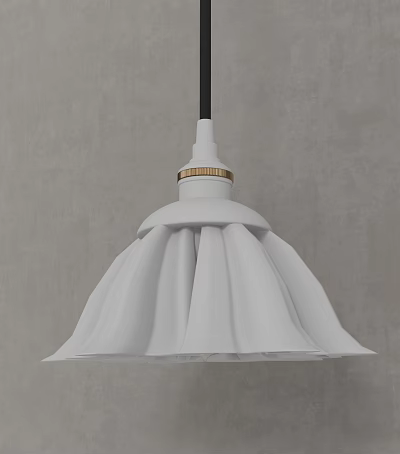 Modern White Pleated Pendant Light with Golden Decorative Ring and Gray Background 3d model