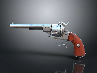 Silver Metal Revolver With Red Wooden Grip Isolated On Gray Background With Reflection 3d model