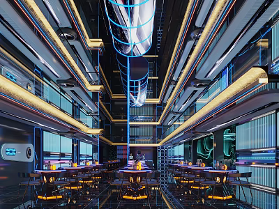 Futuristic Cyberpunk Bar Interior With Tech Lighting Seating And Pipes 3d model