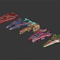 Multiple Red Sci Fi Spaceship Models With Various Design Styles On 3d model