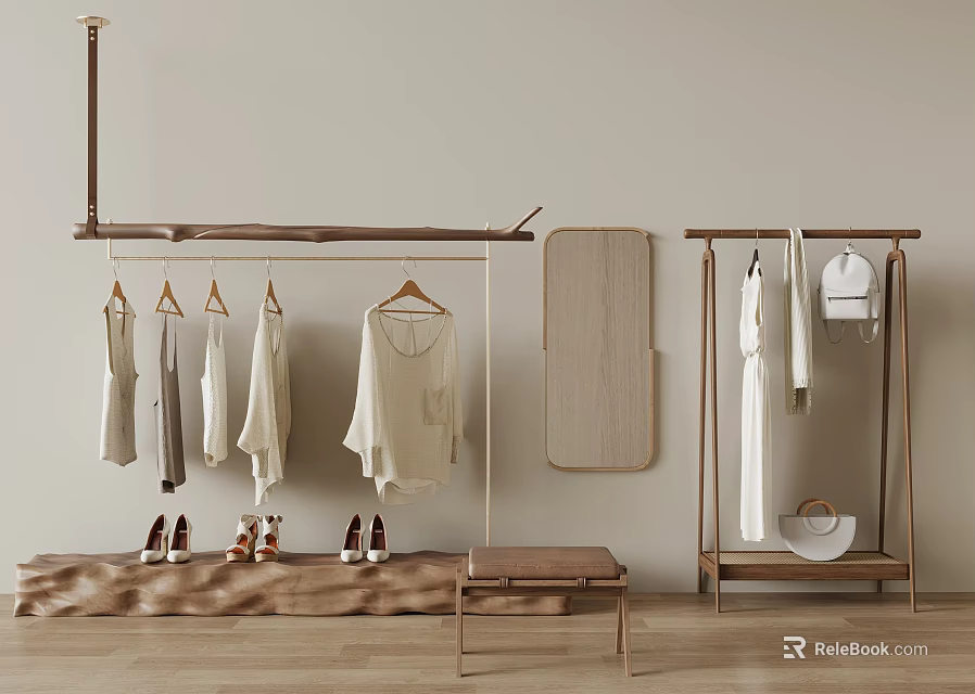 Modern Minimalist Wooden Clothes Rack with Hanging Clothes Shoes Mirror and Bench 3d model 