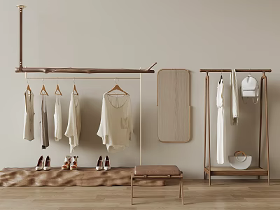 Modern Minimalist Wooden Clothes Rack with Hanging Clothes Shoes Mirror and Bench 3d model
