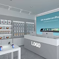 Modern Digital Store Featuring iPhone Display Shelves and Smartphone Products on White Counter