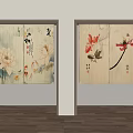 Chinese Style Decorative Screens With Lotus Flowers Goldfish And Calligraphy Art