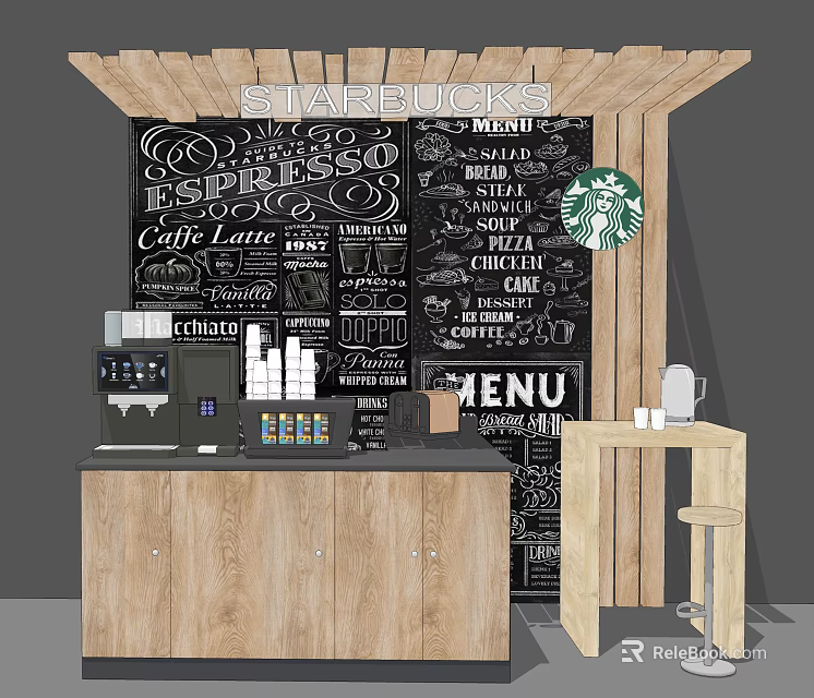 Starbucks Coffee Bar Counter With Blackboard Menu Espresso Drinks Machine And High Stool 3d model 