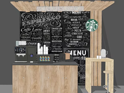 Starbucks Coffee Bar Counter With Blackboard Menu Espresso Drinks Machine And High Stool 3d model