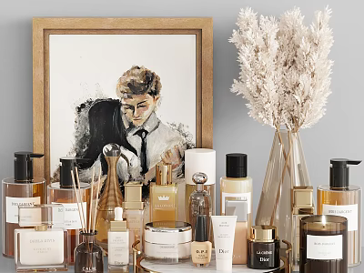 Elegant Perfume Cosmetics Display With Glass Vase Pampas Grass And Framed Art 3d model