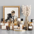 Elegant Perfume Cosmetics Display With Glass Vase Pampas Grass And Framed Art