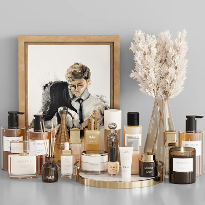Elegant Perfume Cosmetics Display With Glass Vase Pampas Grass And Framed Art 3d model