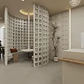 Modern Beauty Salon Interior With Curved Walls Green Plants Round Counter Display Shelves And Chandelier