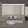 Modern Minimalist Bedroom Interior With Upholstered Bed Area Rug Desk Chair And Green Plant