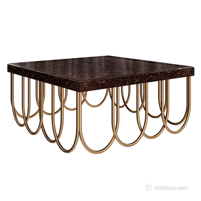 Square Coffee Table With Dark Marble Tabletop And Golden Curved Metal Legs 3d model 
