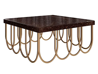 Square Coffee Table With Dark Marble Tabletop And Golden Curved Metal Legs 3d model