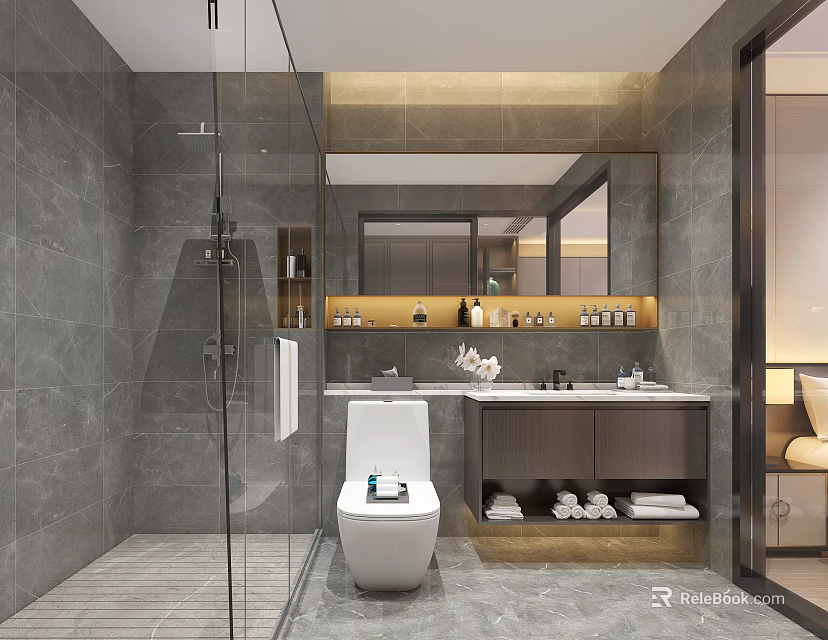 Hotel Bathroom with Gray Tiles Glass Shower White Toilet Mirrored Vanity Toiletries Towels and Slippers 3d model 