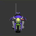 Green Motorcycle With Purple Character Wearing Helmet Red Ribbon And Red Flag On Gray Background