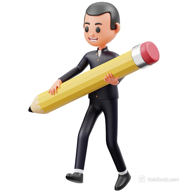 Smiling Man in Black Outfit Holding Large Yellow Pencil With Red Eraser End 3d model 