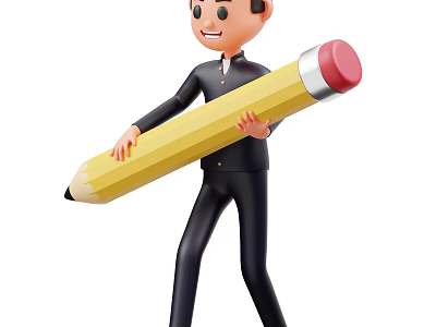Smiling Man in Black Outfit Holding Large Yellow Pencil With Red Eraser End 3d model