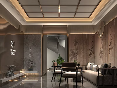 Modern Hotel Public Lounge With Comfortable Sofa Elegant Lighting And Decorative Wall Art 3d model