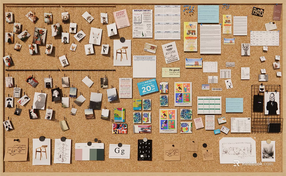Corkboard Photo Wall Decorated With Notes Photos Drawings And Colorful Cards 3d model 