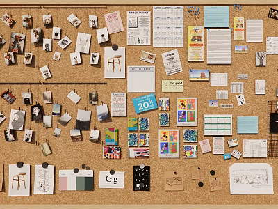 Corkboard Photo Wall Decorated With Notes Photos Drawings And Colorful Cards 3d model