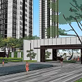 Modern Commercial Street With Tall Buildings Greenery Plaza And Road Facilities