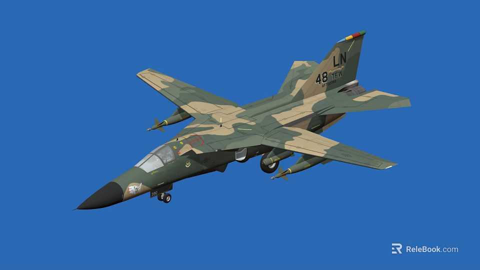 Camouflage Fighter Jet With Tail Number 48 LN Missiles And Landing Gear In Blue Sky 3d model 