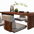 Elegant Wooden Tea Table and Upholstered Chairs with Green Plants and Tea Sets