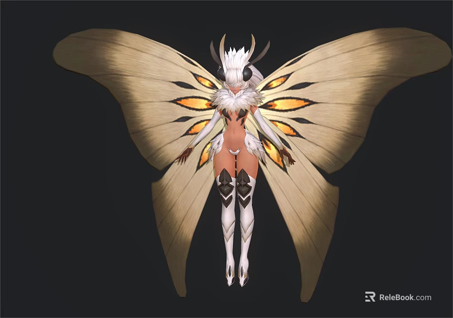 Mythical Game Movie Character Featuring Large Beige Butterfly Wings White Horned Headpiece And Ornate Armor 3d model 