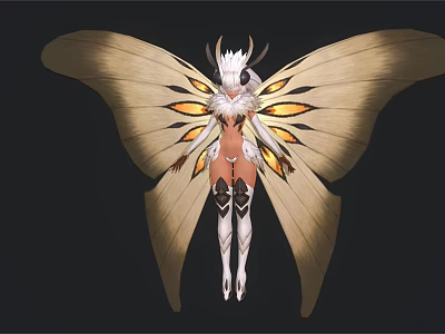 Mythical Game Movie Character Featuring Large Beige Butterfly Wings White Horned Headpiece And Ornate Armor 3d model